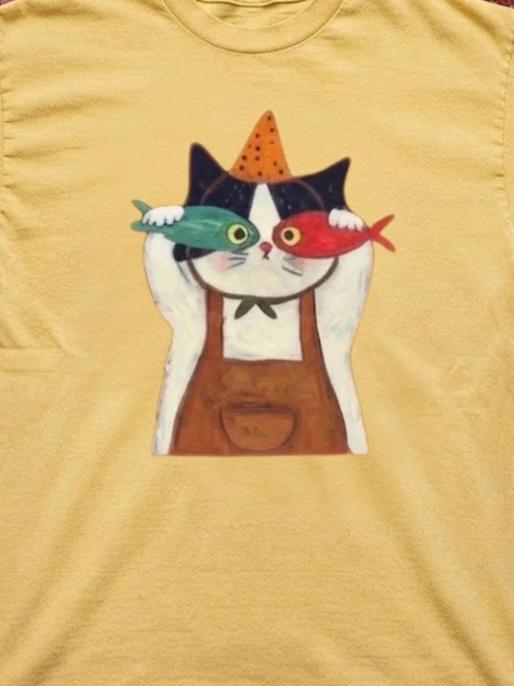 Yellow Cat Graphic T-Shirt with Fish Design - Picture 2 of 2